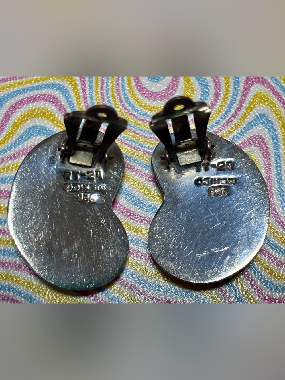 Vintage Taxco 925 Solid Sterling Silver Abstract Bean Clip-On Earrings - Picture 4 of 10